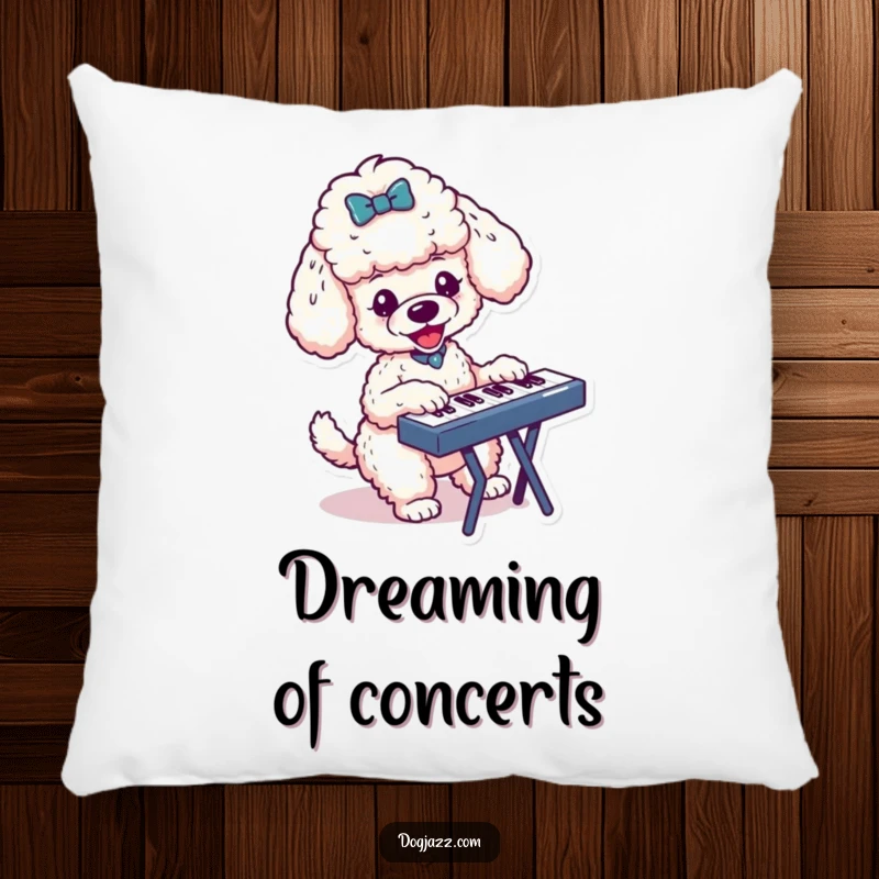 Funny pillow depicting an energetic poodle character playing a keyboard, offering comfort and a touch of musical humor.