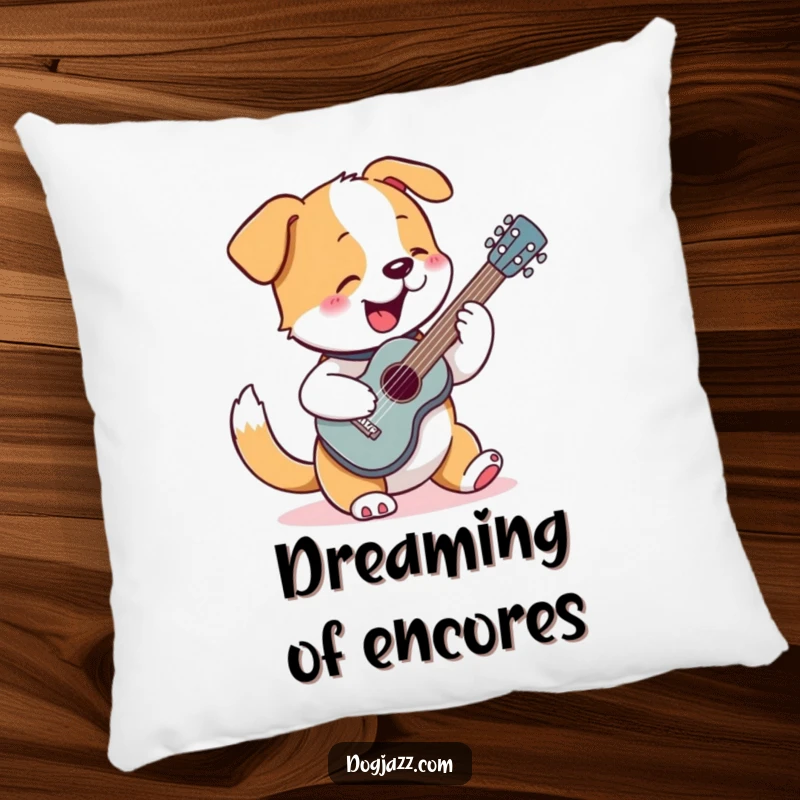 Funny pillow featuring a dog enthusiastically strumming a tiny guitar, adding cozy music-themed decor.