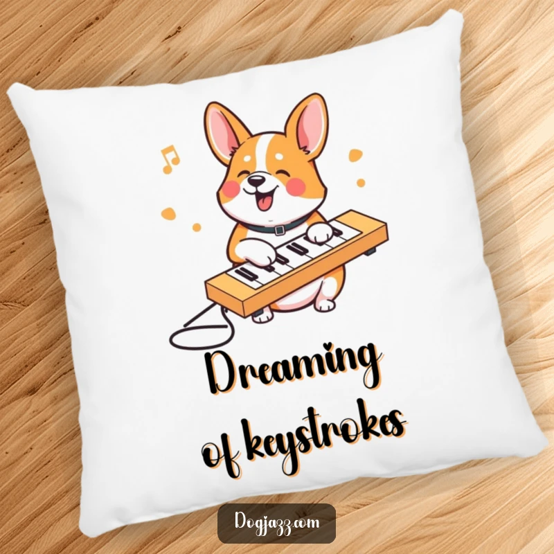 Funny Corgi pillow displaying a happy corgi character typing on a keyboard, a soft and humorous decorative item.