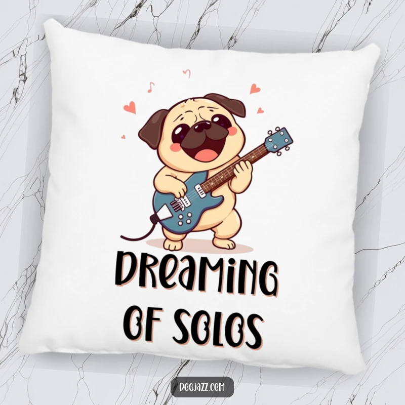 Funny pillow featuring an excited pug character playing a jazz guitar with enthusiasm, adding a musical touch to decor.