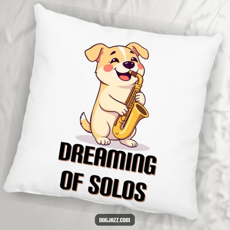 Funny Pillow: A happy dog plays a tenor saxophone with crossed paws, providing a humorous and comfortable decorative accent.