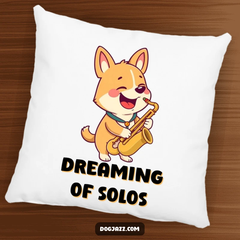 Funny pillow featuring a happy dog character playing a saxophone with a wide grin, soft decor.