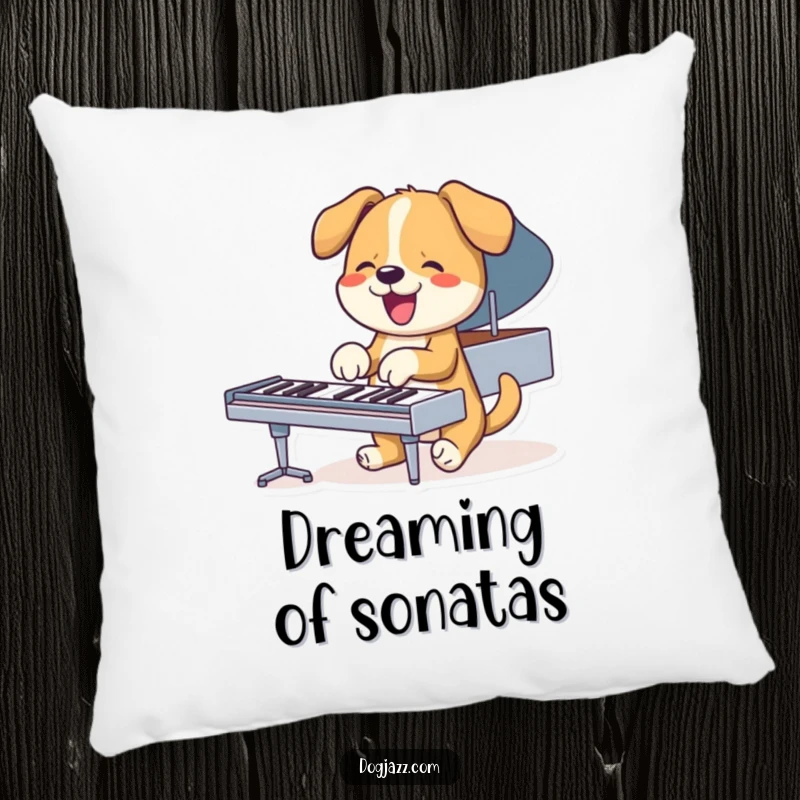 Cozy decorative pillow with a funny dog playing piano, perfect for a music-themed room.