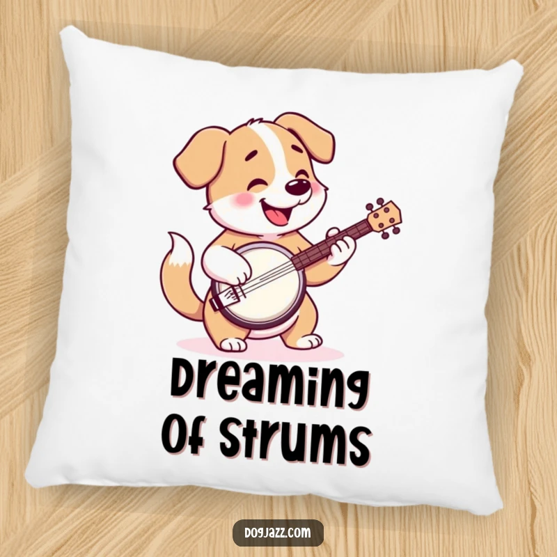 Funny pillow showcasing a happy cartoon dog playing the banjo, tail wagging, offering musical comfort.
