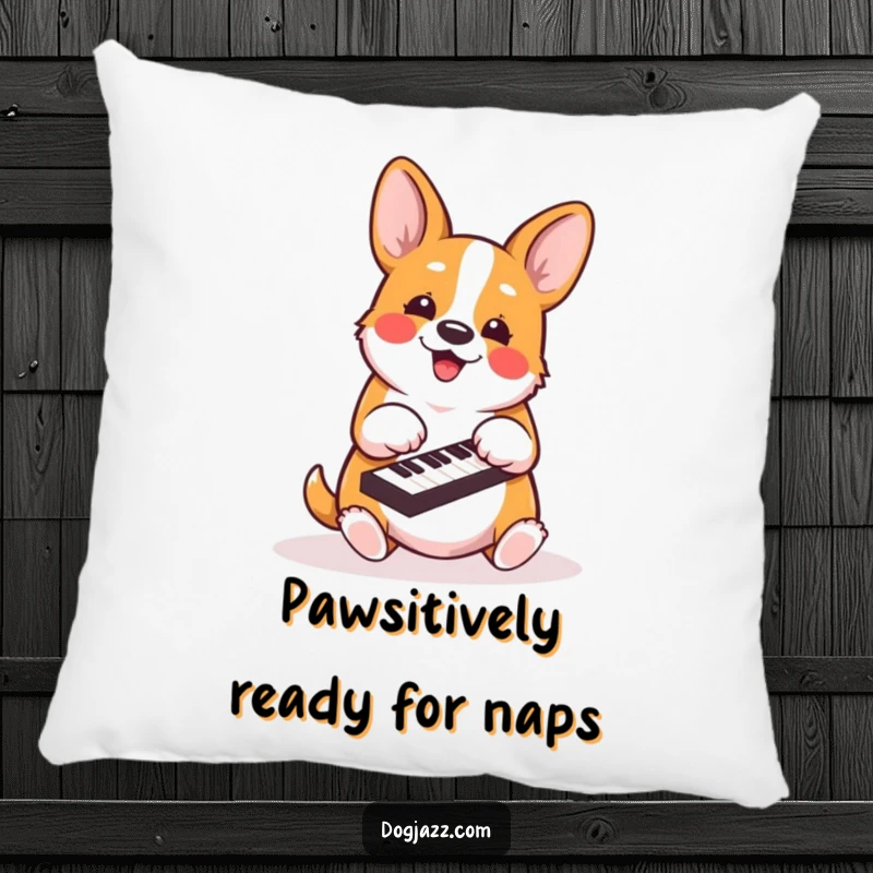 Funny corgi pillow featuring an energetic dog energetically playing piano keys with its paws, bringing comfort.