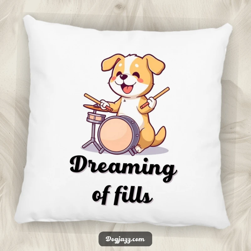 Funny dog energetically playing drums with sticks in paws, a rockstar ready to relax on a decorative pillow.