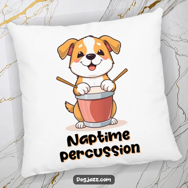 Funny Dog Pillow: A cute dog is shown energetically drumming, offering comfort and a smile with its musical passion.