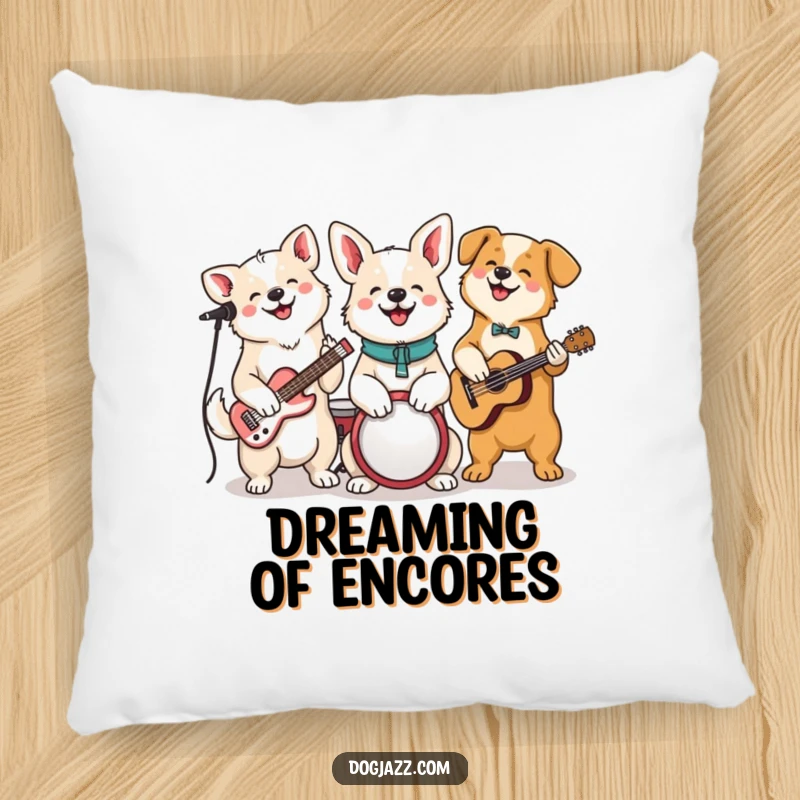 Funny Dog Jam Session Pillow, a cheerful dog band plays instruments, offering comfort and musical joy.