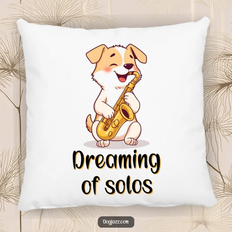 Funny Pillow: a happy dog playing a saxophone, bringing musical comfort and canine charm to any room.