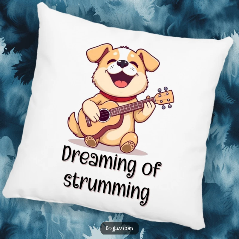 Funny dog pillow with a cute dog playing a ukulele, providing soft comfort and a comical musical accent.