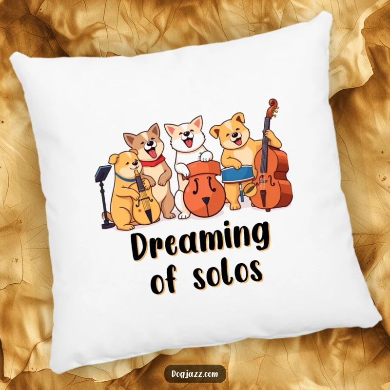 Cozy decorative pillow with a funny jazz dog band, perfect for a music-themed room.