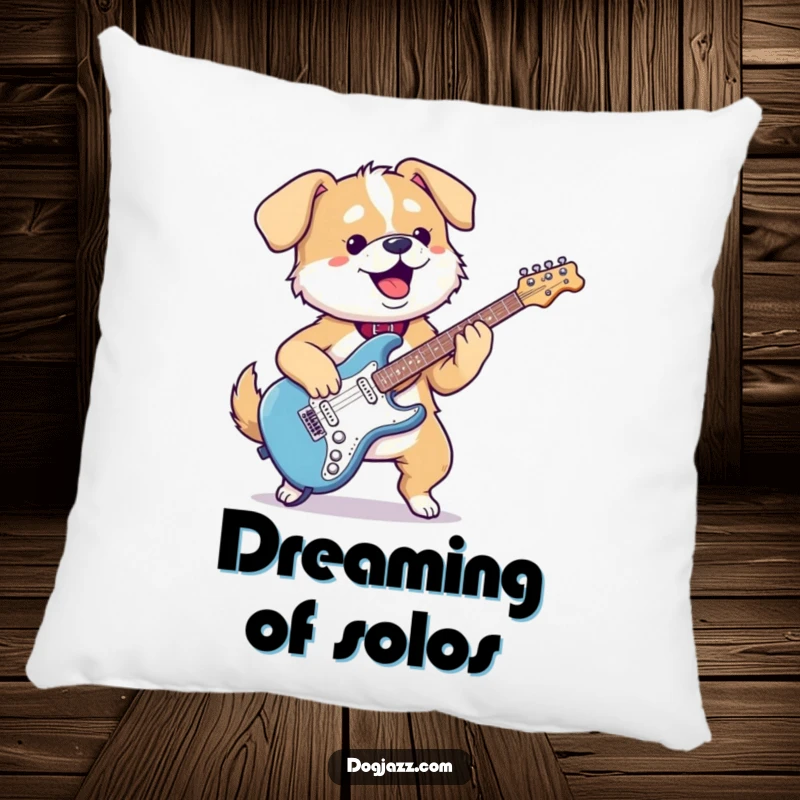 Funny kawaii dog pillow showcasing a gleeful pup playing an electric guitar, perfect for adding comfort and musical flair.