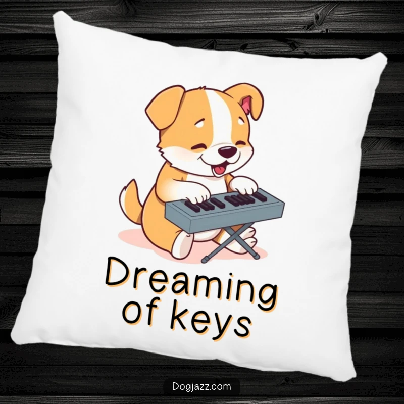 Funny pillow showcasing a determined cartoon dog focused on typing at a keyboard, offering comfort.