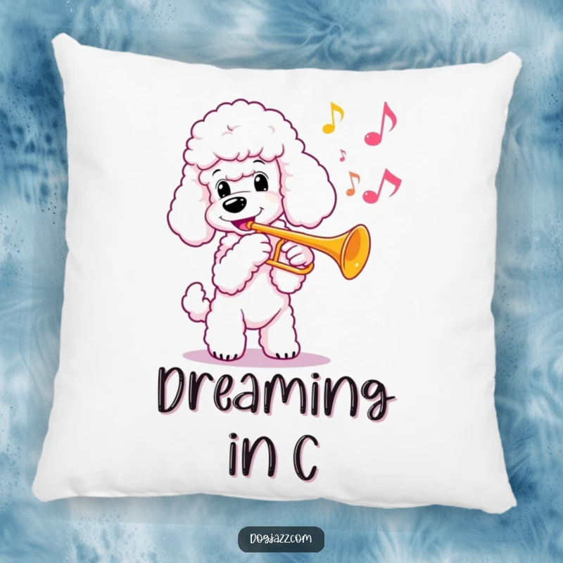 Funny poodle playing a trumpet, looking delightful, on a plush pillow, ideal for a funny gift.