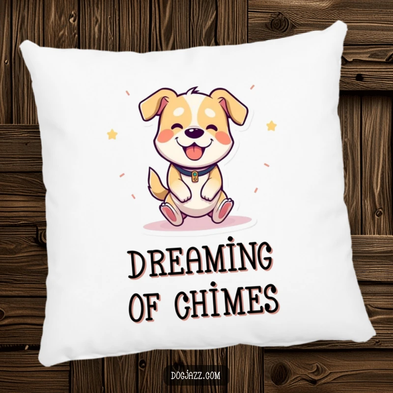 Funny pillow showcasing a cheerful cartoon dog happily bouncing and playing the triangle, offering comfort.