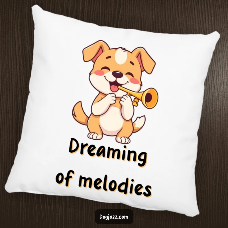 Funny pillow with a happy dog playing a trumpet and wagging its tail, perfect for adding comfort and musical fun.