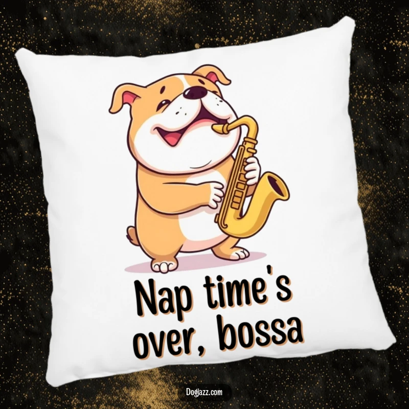 Funny bulldog pillow showing a cheerful dog playing the saxophone with a wide, delighted grin.