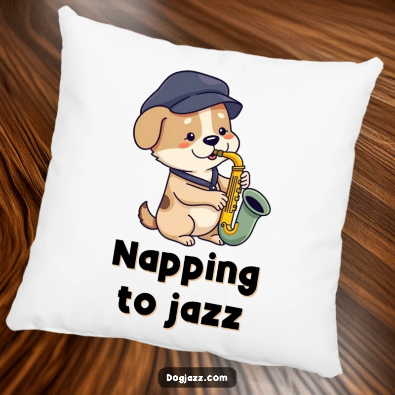 Funny dog saxophone pillow with a dog in a beret playing bluesy music, perfect for cozying up with jazz.