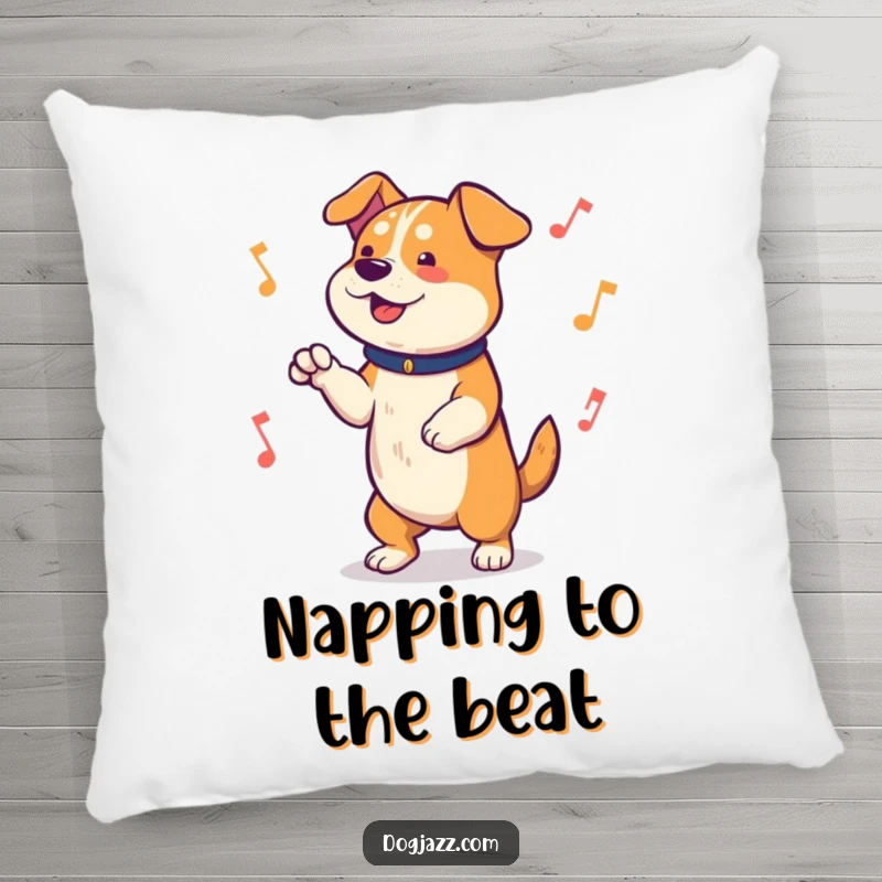 Funny Pillow with a delightful dog joyfully tapping its paws to a lively music beat, adding a humorous and rhythmic touch to home decor.