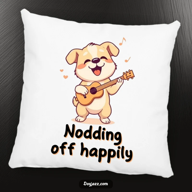 Funny pillow featuring a dog character bopping its head to a cool jazz rhythm, soft decor.