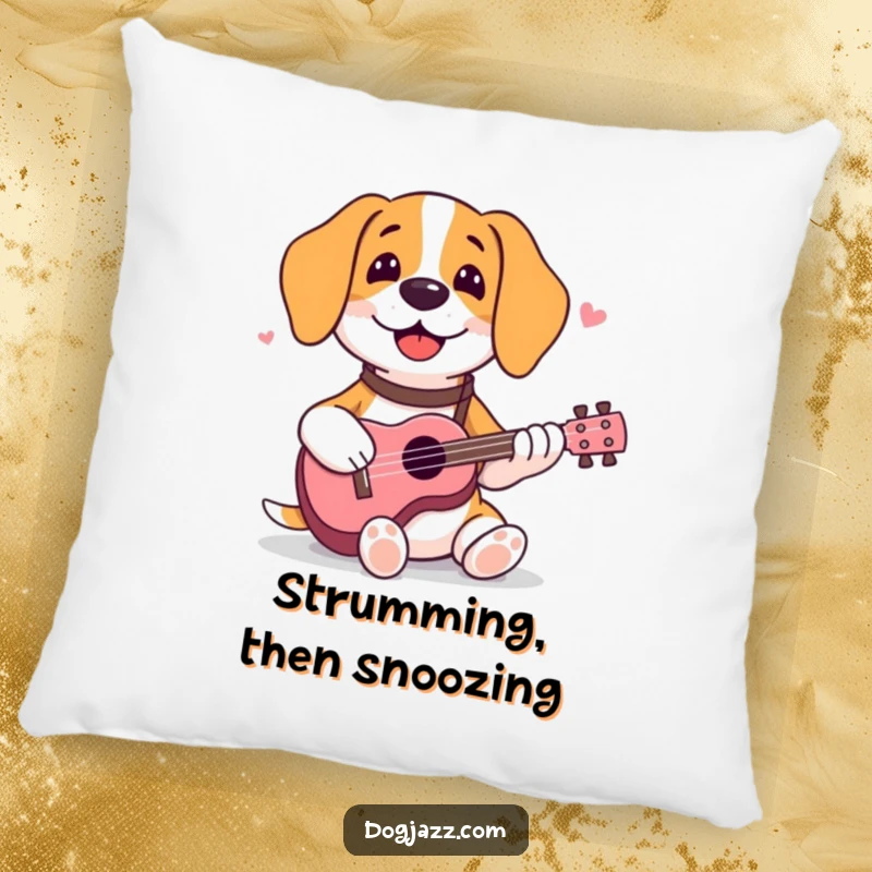 Funny beagle pillow featuring a happy dog happily strumming a ukulele, radiating comfort and musical bliss.