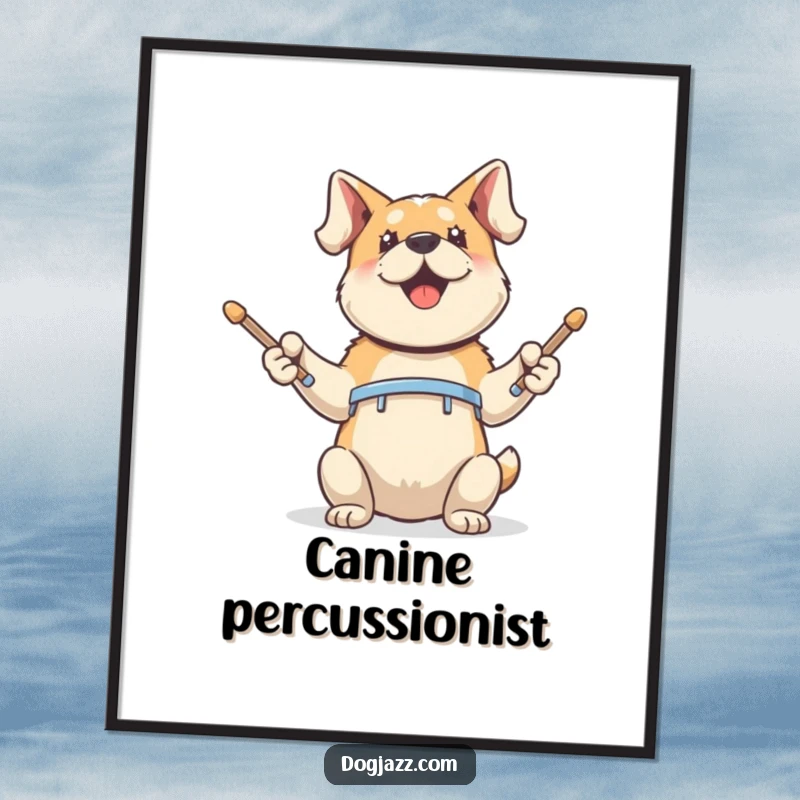 Funny Digital Art Print: an energetic dog tapping drumsticks, bringing rhythmic vibes and canine fun to your decor.