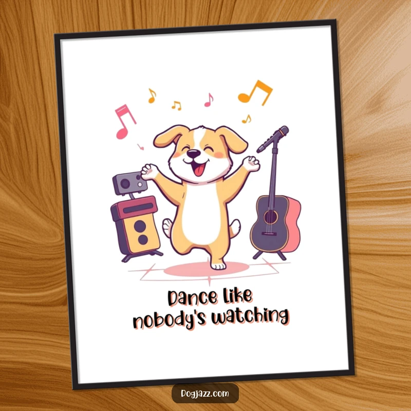 Funny dog energetically dancing to jazz music, a humorous digital art print.