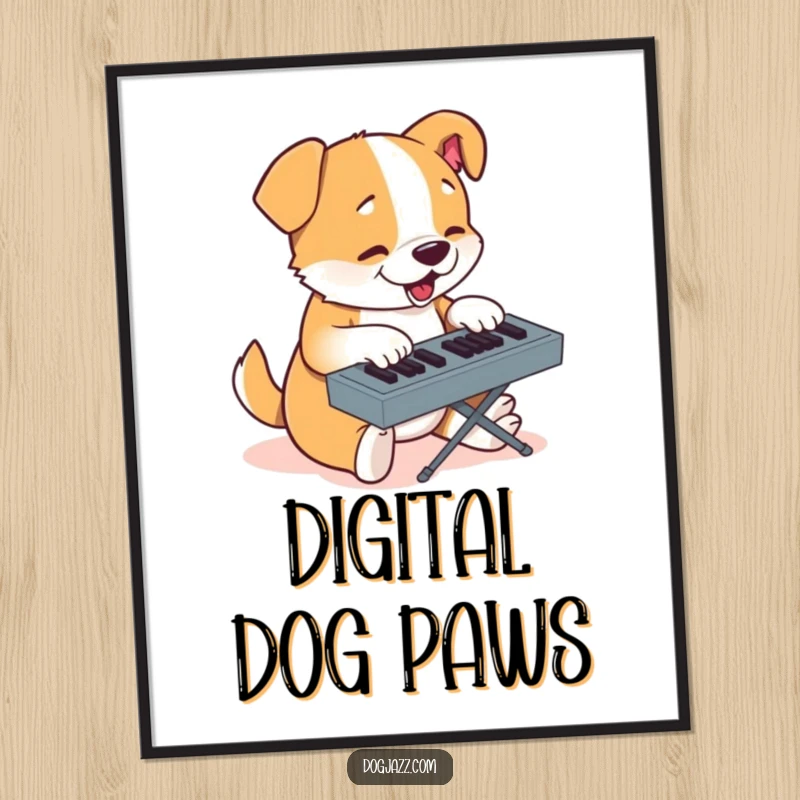 Funny digital art print depicting a determined cartoon dog intently typing on a keyboard with nimble paws.