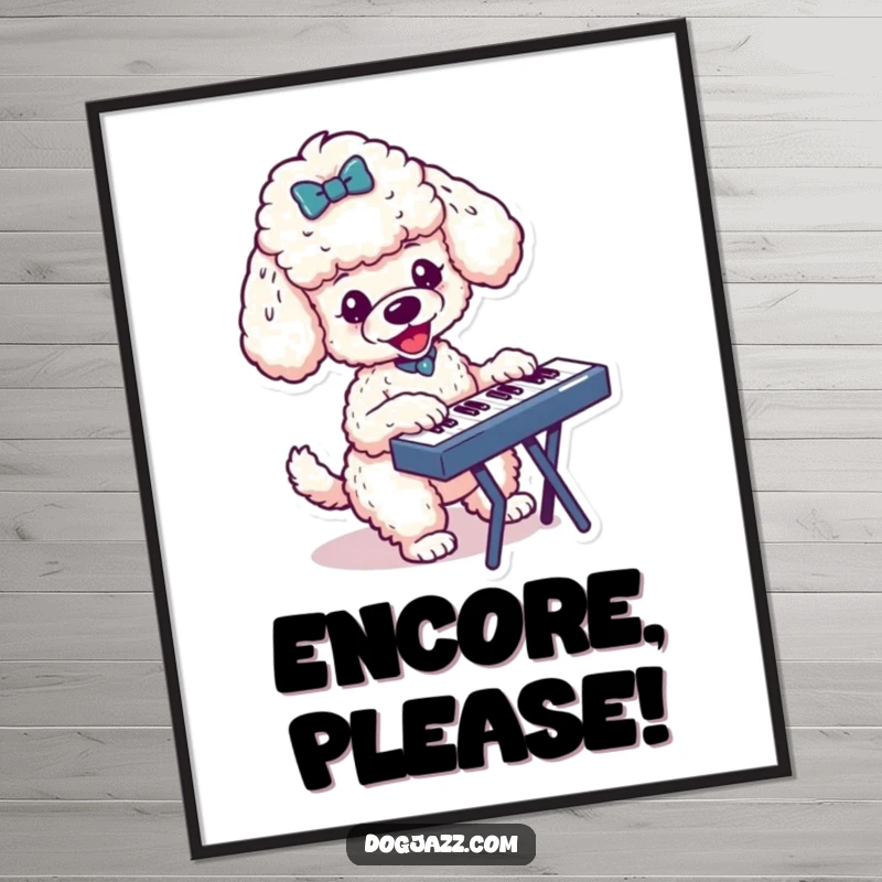 Funny digital art print of an energetic poodle character playing a keyboard, offering instant musical charm and decor.