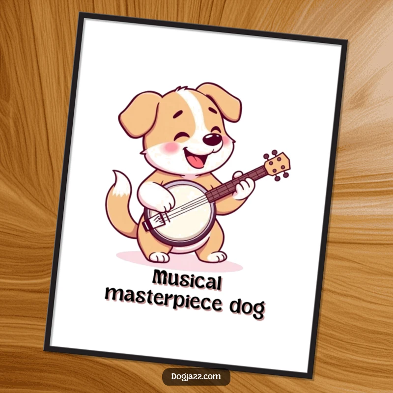 Funny digital art print depicting a happy cartoon dog playing the banjo, tail wagging with musical glee.