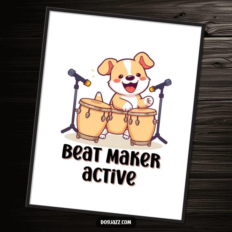 Funny Dog Bongo Digital Art Print: A lively depiction of a dog energetically playing bongos, bringing rhythm and fun.