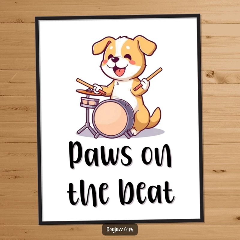 Funny dog energetically playing drums with sticks in paws, a digital art print bursting with rockstar energy.