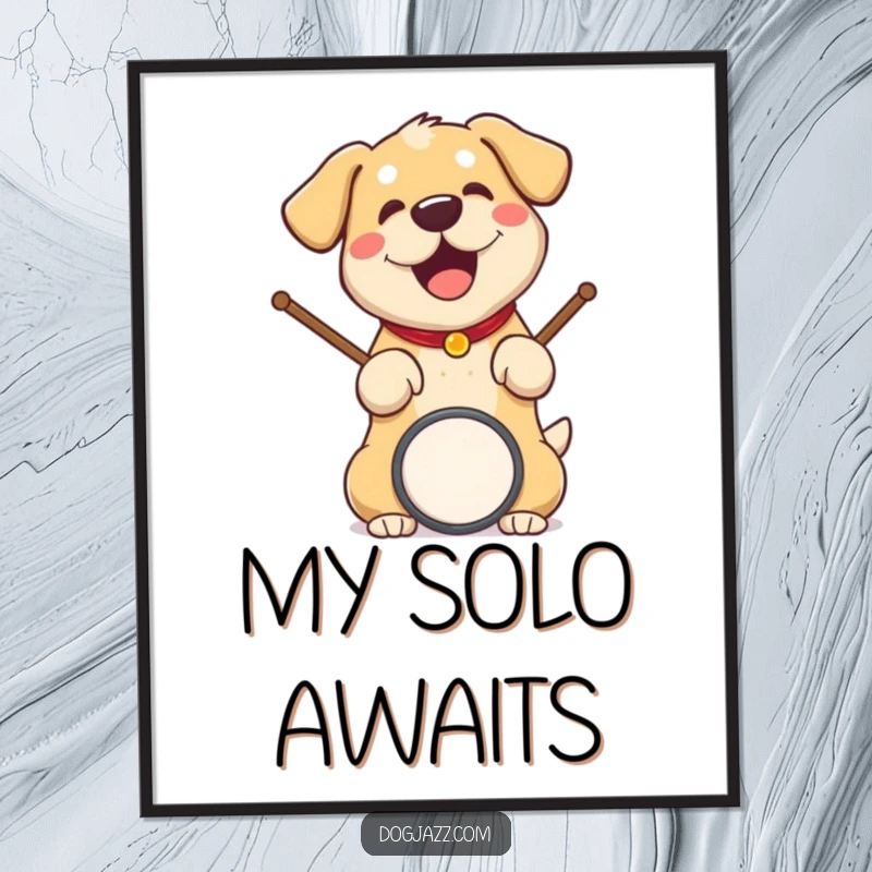 Funny dog digital art print of an excited dog playing drums, perfect for music-themed decor.
