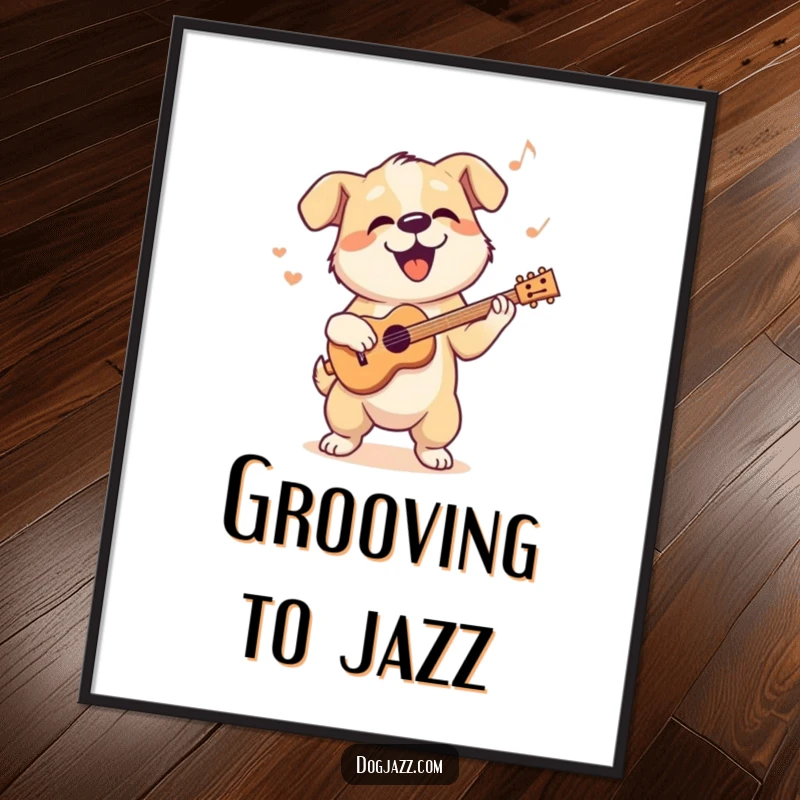 Funny digital art print of a dog character bopping its head to a cool jazz rhythm, downloadable humor.