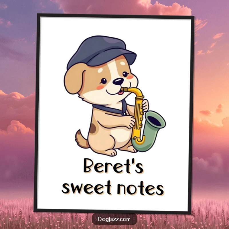 Funny dog saxophone digital art print of a dog in a beret playing bluesy music, ready to download and frame.