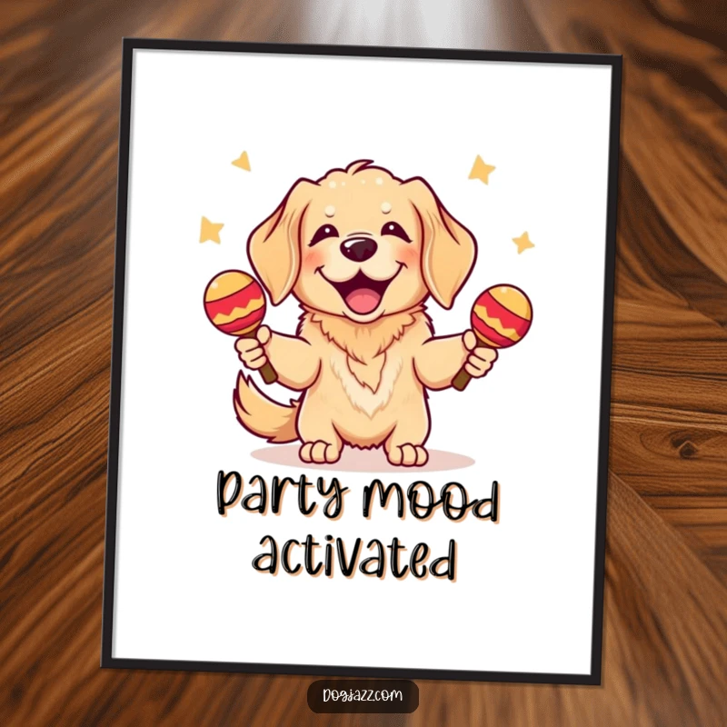 Funny Golden Retriever Digital Art Print: A vibrant depiction of a golden retriever energetically shaking maracas, creating a festive atmosphere.