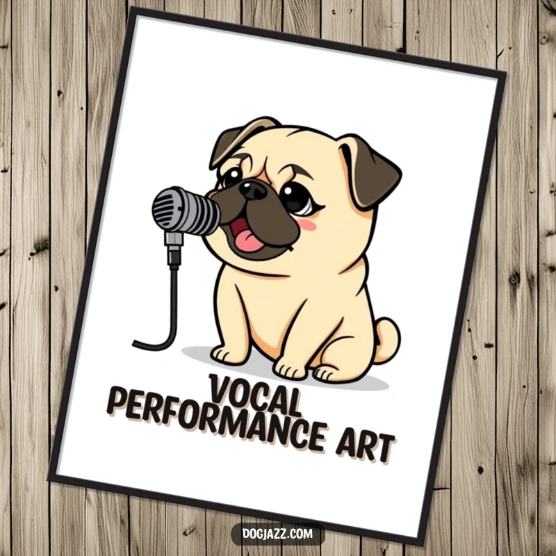 Funny Pug Rockstar Digital Art Print of a pug singing into a vintage microphone, perfect for dramatic and humorous wall decor.