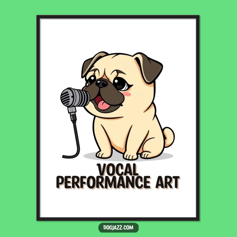 Funny Pug Rockstar Digital Art: Vintage Mic Pug Sings, Instant Decor Gift