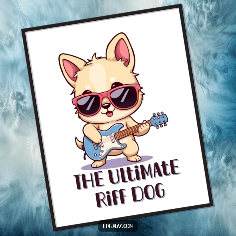 Funny rocker dog digital art print, sunglasses on, playing electric guitar with supreme flair and rockstar swagger.
