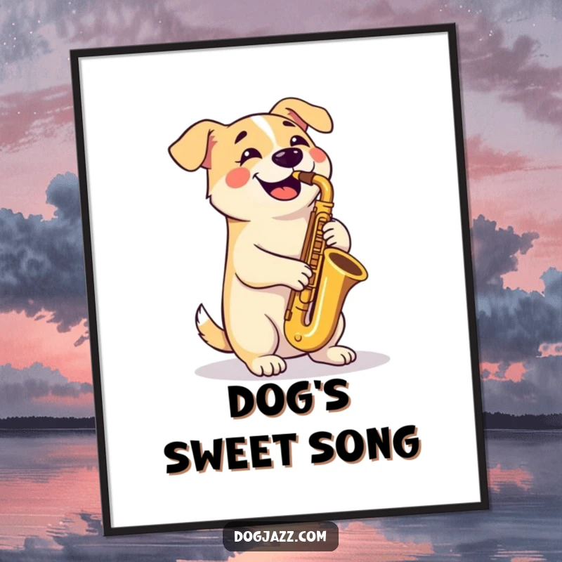 Funny Digital Art Print: A happy dog plays a tenor saxophone with crossed paws, ready to be printed and displayed for cool decor.