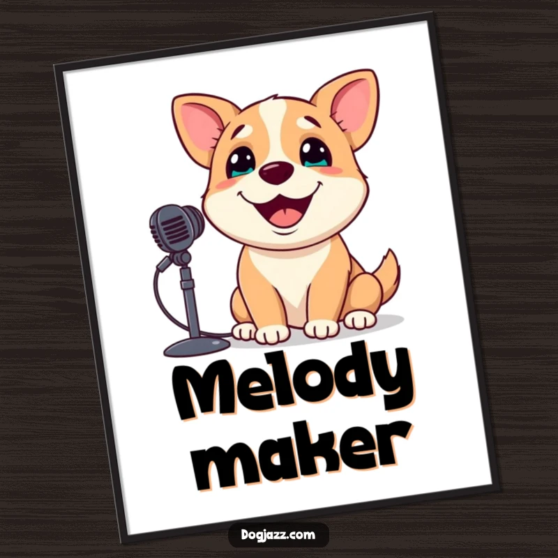 Funny Dog Digital Art Print: A dog with a wide, happy grin sings into a microphone, radiating pure musical joy.