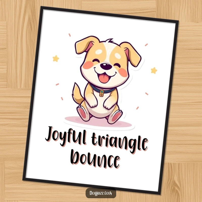 Funny digital art print depicting a cheerful cartoon dog happily bouncing and playing the triangle with glee.