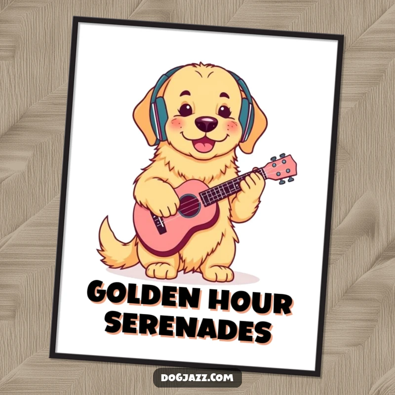 Funny Golden Retriever Ukulele Digital Art Print: A cool golden retriever with headphones, happily strumming a ukulele, radiating chill vibes.