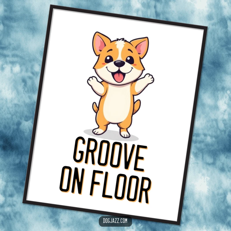 Funny Digital Art Print of a dog performing a stylish jazzy dance step, embodying rhythm, motion, and playful energy.