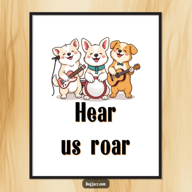 Funny Dog Jam Session Digital Art Print, a cheerful dog band plays instruments, bright and lively wall art.