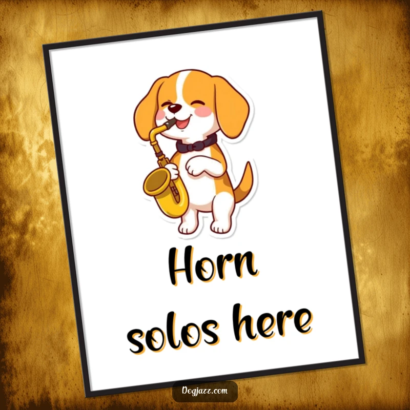 Funny beagle dog playing a saxophone with immense happiness, digital art print for instant wall decor, a funny gift.
