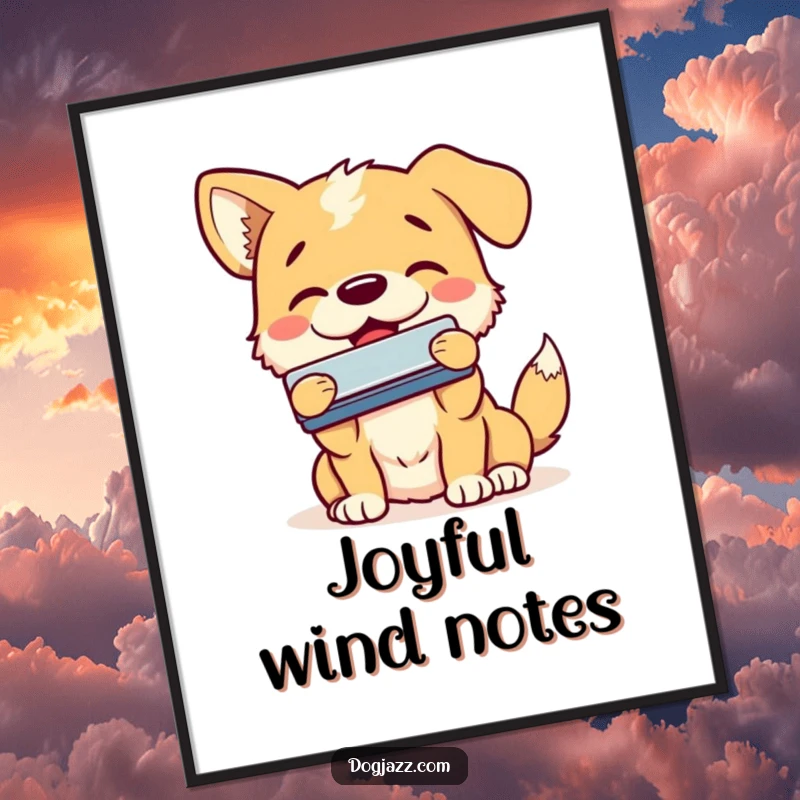 Funny dog digital art print with a happy dog enthusiastically playing the harmonica with a smile, adding soulful blues vibes.
