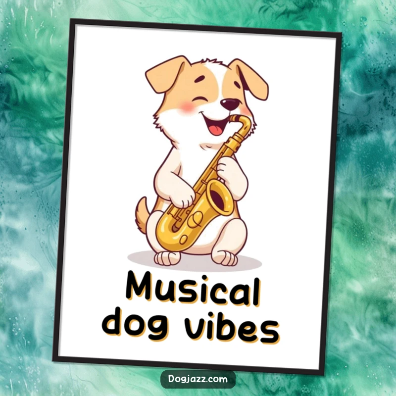 Funny Digital Art Print: a happy dog playing a tenor saxophone, bringing jazzy vibes and canine cheer to your decor.