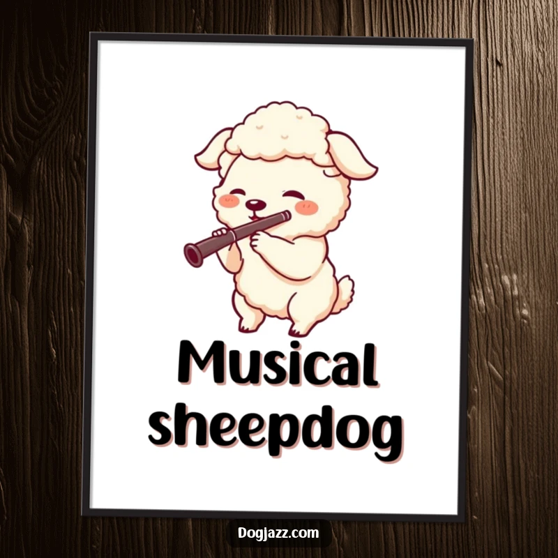 Funny digital art print of a joyful sheepdog character playing a clarinet with enthusiasm, capturing musical joy for decor.