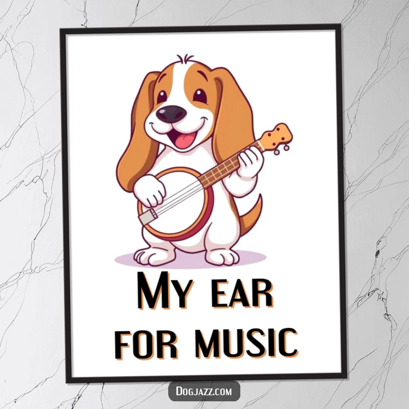 Funny Basset Hound Banjo Digital Art Print: A basset hound with long ears, joyfully playing a banjo, radiating rustic musical charm.